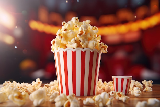 Foto vista de una taza 3d de cinema popcorn un cubo de palomitas de maíz en el fondo bokeh generado por ai