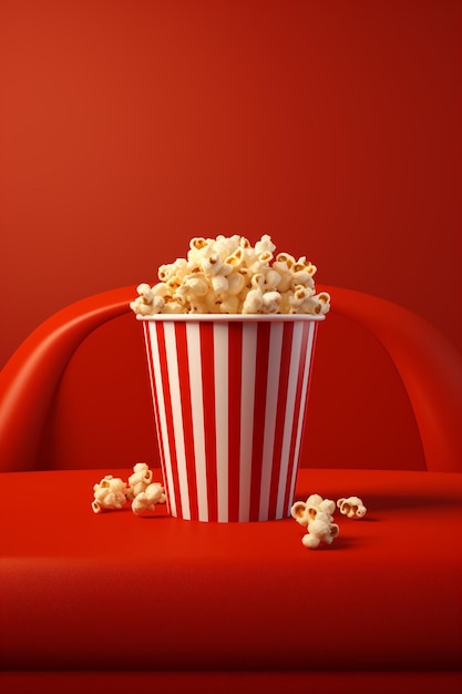 Vista de una taza de palomitas de maíz en 3D con asiento de cine