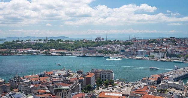 Vista desde el techo del Estrecho del Bósforo con barcos y una mezquita Paisaje panorámico de verano en Estambul Turquía