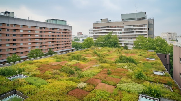 Vista de un techo verde en un rascacielos contemporáneo cortesía de Generative AI