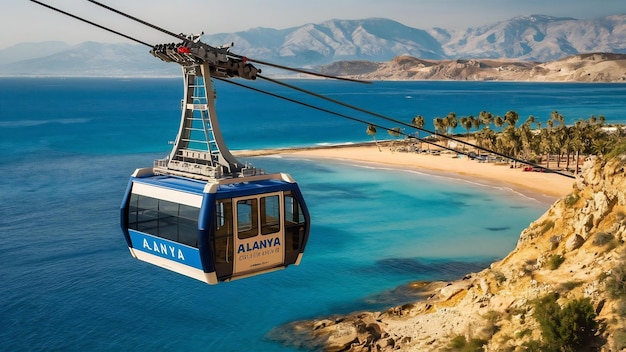 Foto vista del teleférico de alanya en la playa de cleopatra, turquía