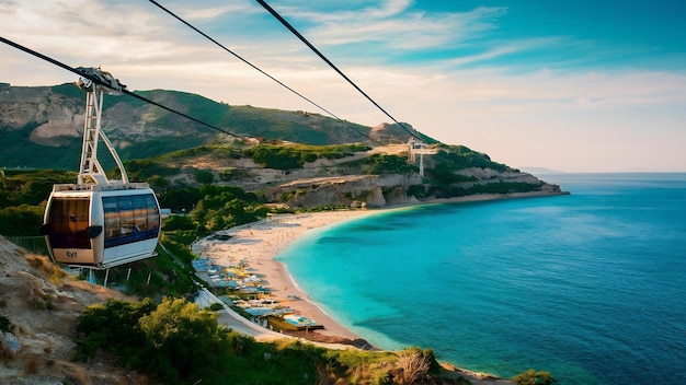 Foto vista del teleférico de alanya en la playa de cleopatra, turquía