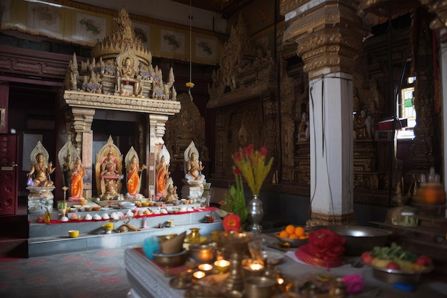 Vista del templo hindú con deidades y ofrendas visibles en el santuario