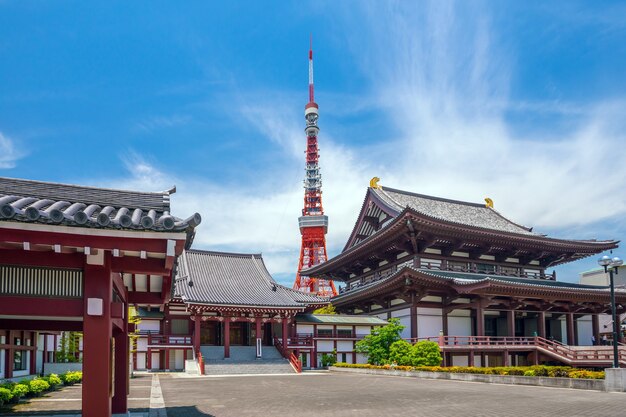 Vista del templo Zojo ji y la torre de Tokio en Japón.