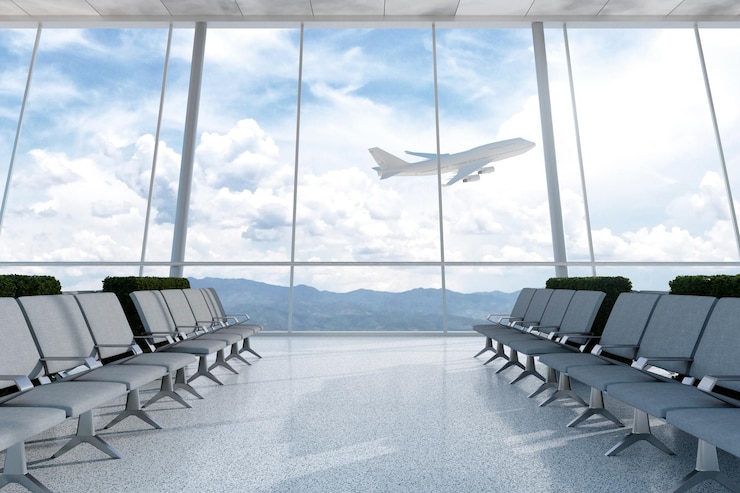 La vista de la terminal del aeropuerto de representación 3D desde el aeropuerto miraba por una ventana grande que volaba un avión de vidrio