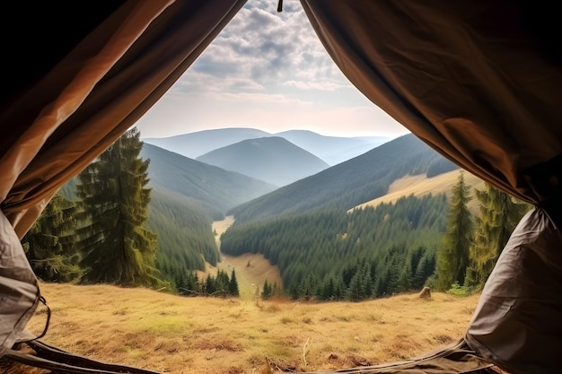 Vista desde la tienda turística hasta el valle de la montaña en una soleada mañana de verano imagen generada por la red neuronal