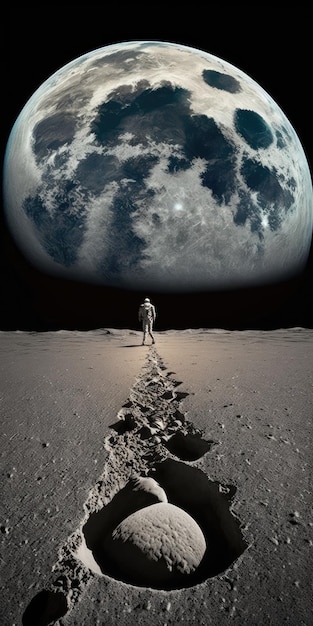 Vista de la Tierra elevándose en la distancia y el limbo de la luna Huellas como prueba de presencia humana o falsificación significativa Collage Los componentes de esta imagen fueron proporcionados por la NASA