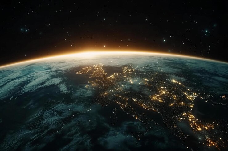 Vista de la Tierra desde el espacio capturando las luces europeas al amanecer con patrones de nubes visibles