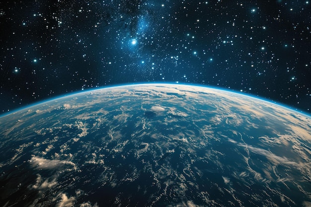 Vista de la Tierra desde el espacio con muchas estrellas en el fondo