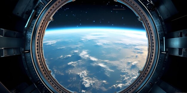 Foto vista de la tierra desde una ventana de la estación espacial