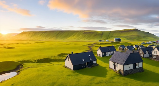 Vista típica de casas turftop en campo islandés generado ai