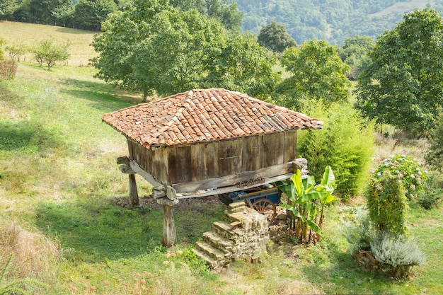 Vista del típico hórreo de Asturias, en España, levantado sobre pilares de piedra y conocido como "horreo"