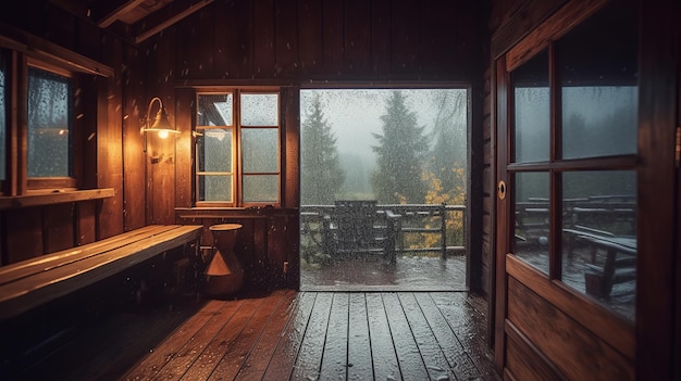 Vista de tormenta de lluvia desde el interior de la cabaña de invierno cálida y acogedora AI generada