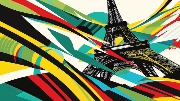 Vista de la Torre Eiffel en París, Francia, con líneas fluidas de colores abstractos