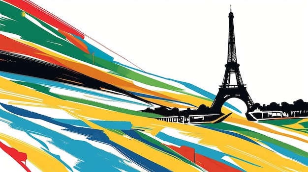 Vista de la Torre Eiffel en París, Francia, con líneas fluidas de colores abstractos