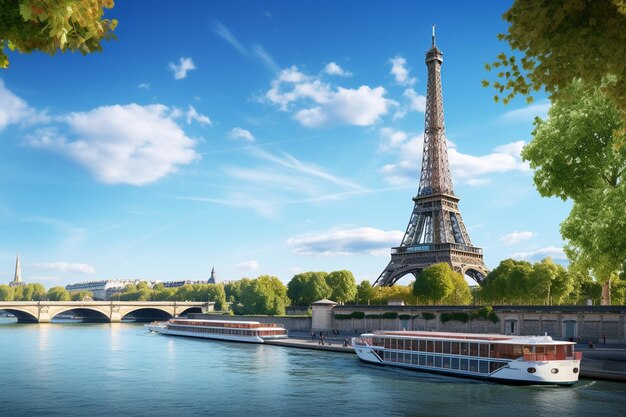 Foto vista de la torre eiffel y el río sena atracciones de la ciudad de parís francia