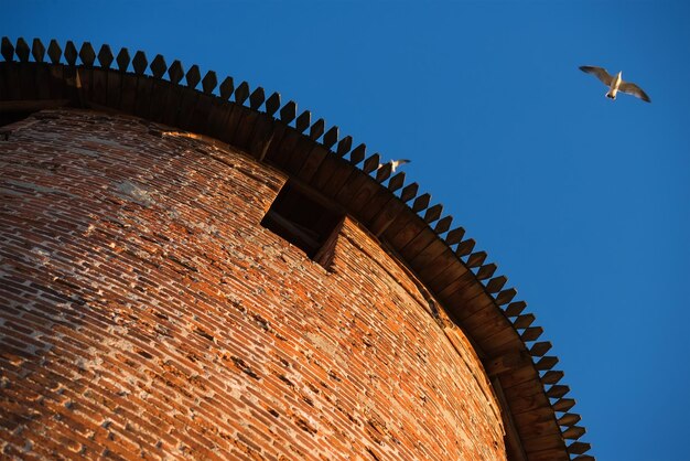 Vista de la torre del Kremlin de ladrillo ancestral desde la parte inferior Nizhniy Novgorod Rusia