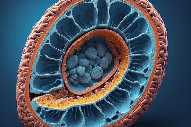 Foto vista transversal de cerca de una mitocondria en un fondo azul renderización 3d