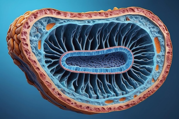 Vista transversal de cerca de una mitocondria en un fondo azul renderización 3D