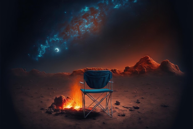 Vista traseira da cadeira de acampamento perto da fogueira em marte com nebulosa no céu noturno criada com ai generativa