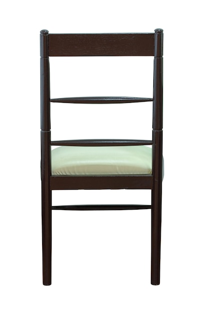 Vista traseira da cadeira de madeira com assento de couro isolado no fundo branco com traçado de recorte