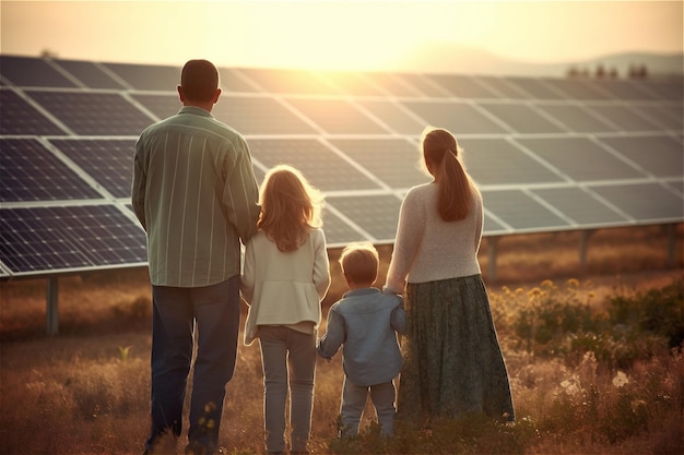 Foto vista traseira da família na frente de painéis solares no campo pôr do sol generative ai