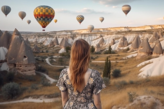 vista traseira da jovem admira a paisagem de balões de ar quente voando sobre o vale do amor com formato de rocha