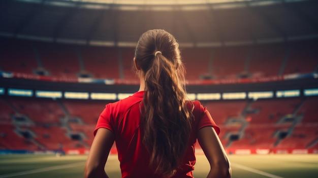 Vista traseira da jovem jogadora de futebol no estádio