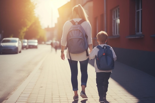 Vista traseira da mãe andando na rua com um filho pequeno com uma mochila em dia ensolarado