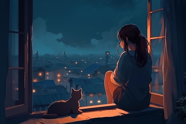 Foto vista traseira da menina em camiseta com gato sentado no parapeito da janela contra o pano de fundo do clima noturno da cidade ilustração do estilo anime generative ai