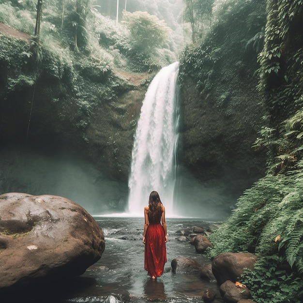 Vista traseira da mulher de vestido olhando para cachoeira tropical Generative AI