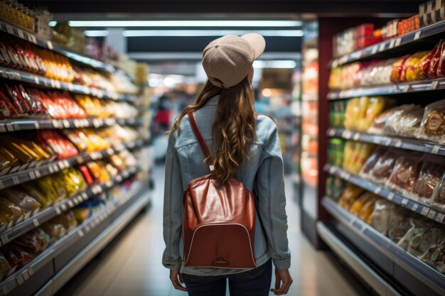Vista traseira da mulher escolhendo produtos no supermercado Compradora feminina no supermercado