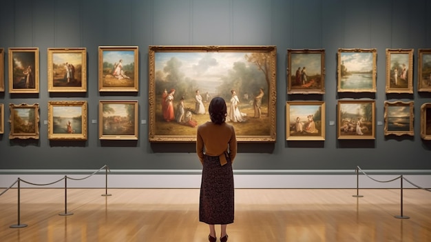 Foto vista traseira da mulher na galeria de arte apreciando arte generativa ai