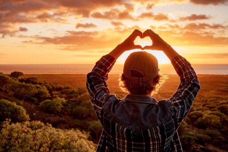 Foto vista traseira da mulher sênior no chapéu e roupas casuais fazendo formato de coração com as mãos enquanto olha para a luz do sol dourada sobre o mar amo emoção e beleza na natureza