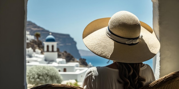 Vista traseira da mulher usando um grande chapéu de sol relaxante com vista mediterrânea Generative ai