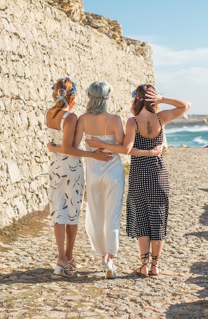 Vista traseira da noiva com amigos de pé em terra