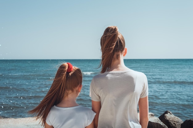 Vista traseira de amigas de pé na praia contra o céu claro