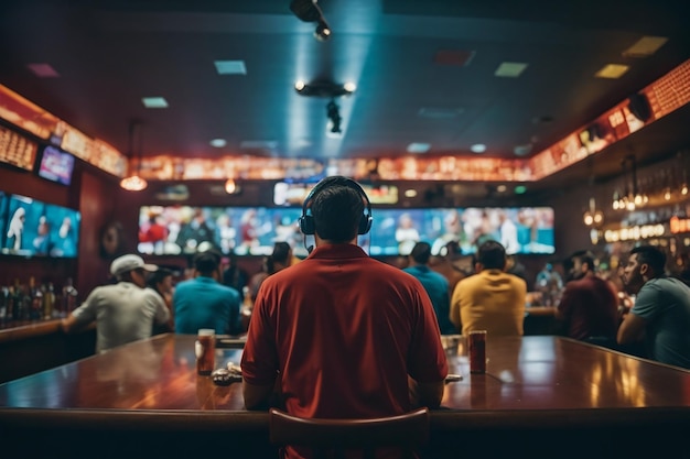 Vista traseira de amigos assistindo jogo no Sports Bar nas telas