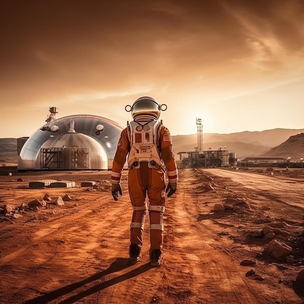 Foto vista traseira de astronauta vestindo traje espacial andando em uma superfície de uma base marciana do planeta vermelho e