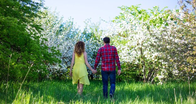 Vista traseira de casal feliz caminhando em um jardim de verão florido