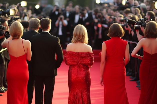 Foto vista traseira de celebridades posando para paparazzi no tapete vermelho
