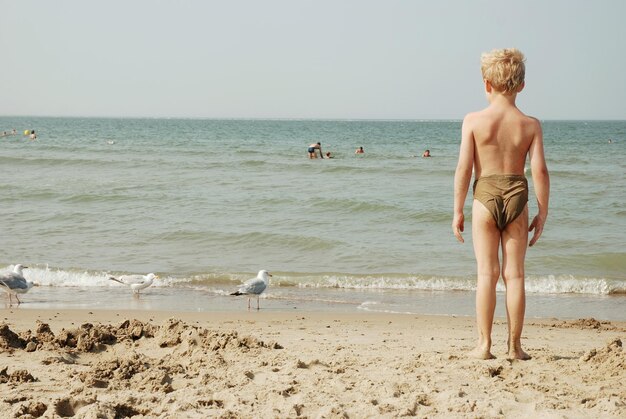 Vista traseira de comprimento completo de menino sem camisa de pé na costa na praia
