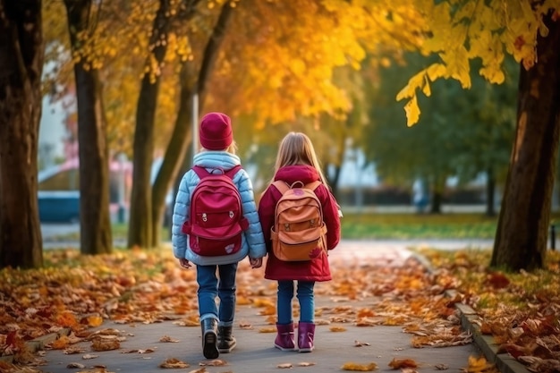 Vista traseira de duas meninas indo para uma escola primária através do parque de outono Retrovisor de crianças com mochilas de volta à escola