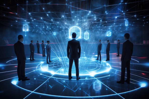 Vista traseira de empresários em frente a uma interface digital com código binário Sistema de gerenciamento de negócios futurista e holograma de linha de rede AI Gerado