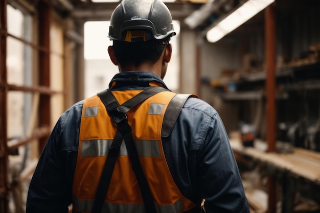 vista traseira de engenheiro de construção com cinto de ferramentas de equipamentos em edifício de construção