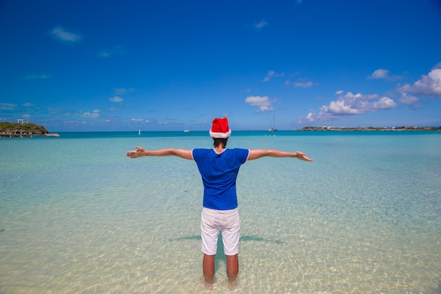 Vista traseira, de, homem jovem, em, chapéu santa, ligado, praia tropical