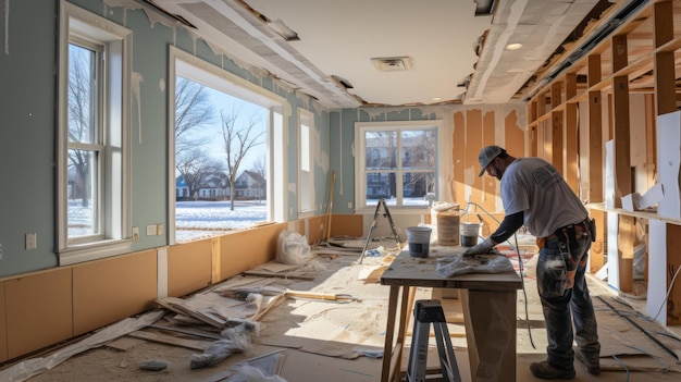 Foto vista traseira de homens trabalhando na decoração de renovação interior de um imóvel residencial