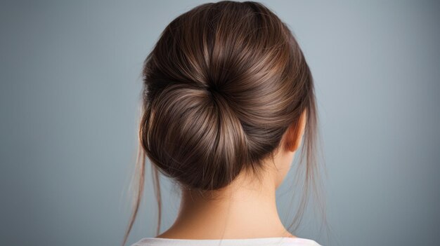 Vista traseira de jovem mulher penteado elegante fundo cinza espaço de cópia