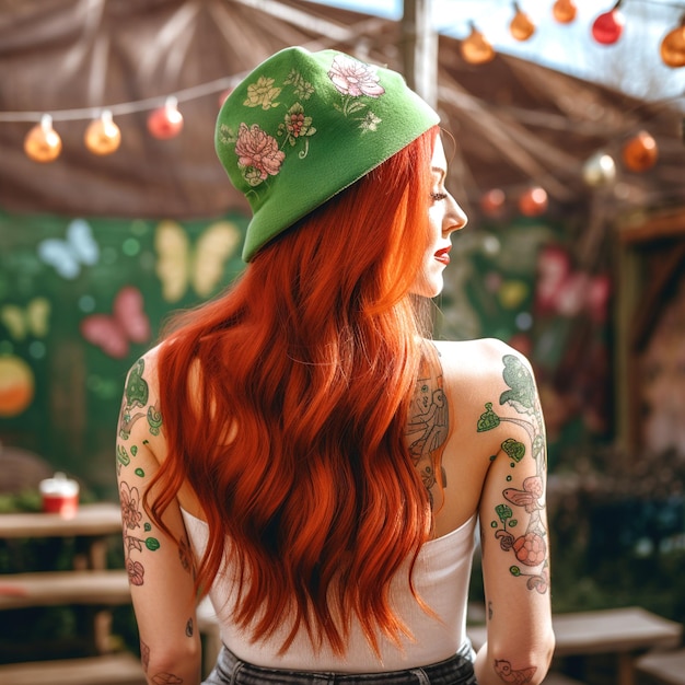 Foto vista traseira de menina de cabelo vermelho em chapéu com decorações conceito de dia de são patrício