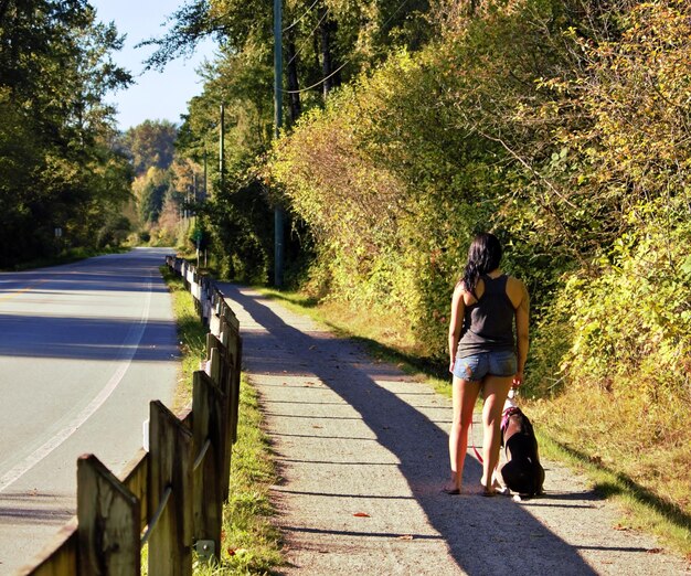 Foto vista traseira de mulher com cachorro caminhando na estrada